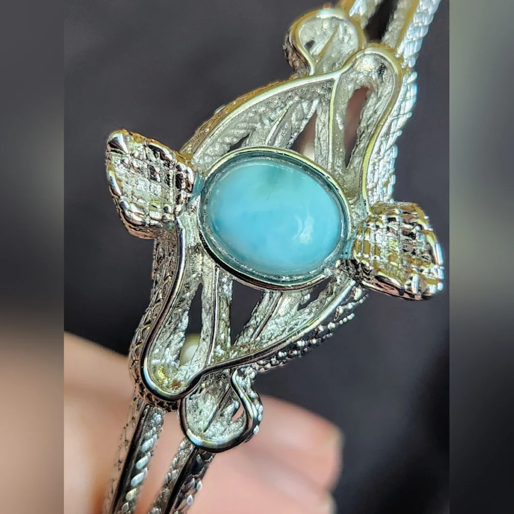 Genuine Larimar Snake Bangle. Adjustable Silver Bracelet. - Picture 6 of 8